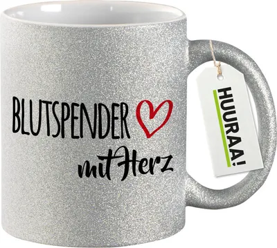 Produktbild von Huuraa Glitzertasse Blutspender mit Herz 330ml Silber Keramik Kaffeebecher Geschenkidee