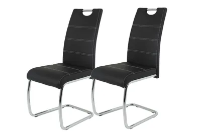 Produktbild von 2er Set Esszimmerstuhl Flora - Bezug Kunstleder Schwarz - Metallgestell verchromt - 120kg belastbar - Lehne mit Griff
