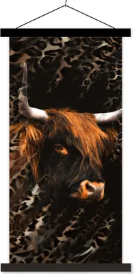 Produktbild von MuchoWow® Textilposter Schottisches Hochlandrind - Pantherdruck - Schwarz 60x120 cm mit schwarzem Rahmen - Magnete