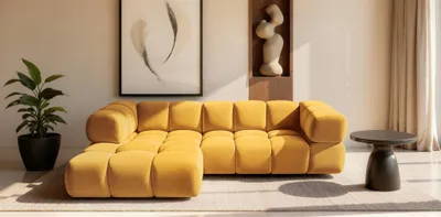 Productafbeelding van Designbank BLANCHE, model hoekbank, bekleed met stof Bluvel in de kleur goudgeel, met een losse ottoman aan de linkerkant