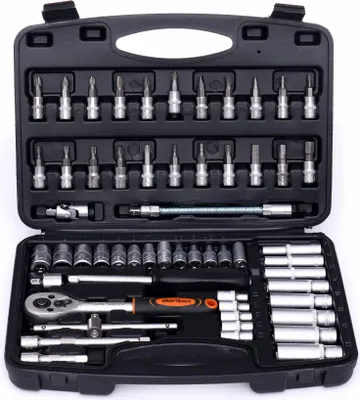 A black tool case filled with various tools, including sockets, wrenches, and screwdriver bits.