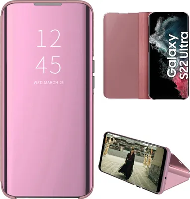 Produktbild von Samsung Galaxy S22 Ultra 5G Hülle, lichtdurchlässigen Spiegel Abdeckung, Klappetui Kunstleder Schutzhülle mit Standfunktion Roségold