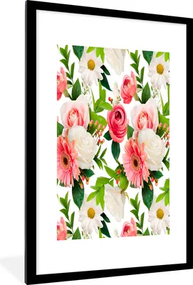 Produktbild von MuchoWow® MuchoWow® Gerahmtes Poster Blumen - Muster - Rosen 60x90 cm - Poster mit zchwarzem Bilderrahmen - Dekoration - Wandposter Wohnzimmer - Hochwertig