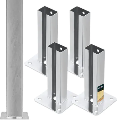 A set of four metal fence post bases and one separate fence post, all on a white background.