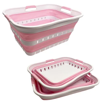Faltbarer Wäschekorb 42 L, Pop-up, 2er-Set, Weiß/Rosa