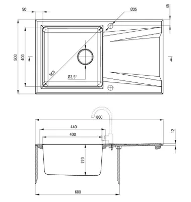 Produktbild von Granit-Stahlspülbecken, 1-Becken mit Abtropffläche - anthrazit metallic