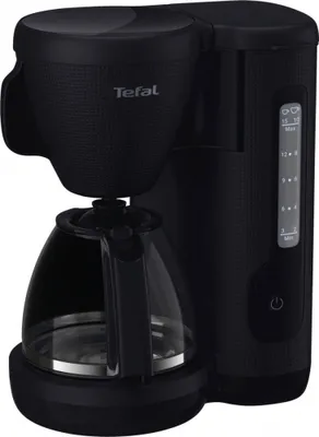 A black Tefal coffee maker is shown against a white background.