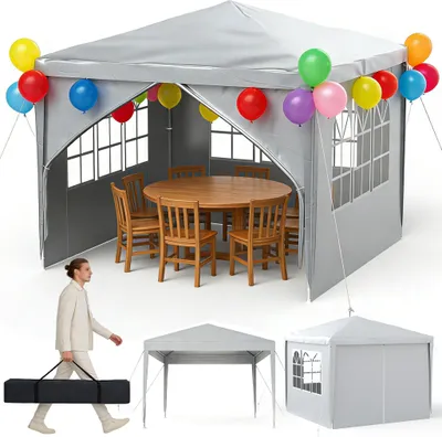 Produktbild von UISEBRT 3x3 m Grau Partyzelt, Gartenpavillon mit Seitenteilen & Fenstern, UV-Schutz, Outdoor Festzelt für Events