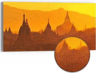 Produktbild von DEQORI Hybrid Leinwand Bild 60x30 cm 'Goldene Stupas' Wandbild Glas flach modern