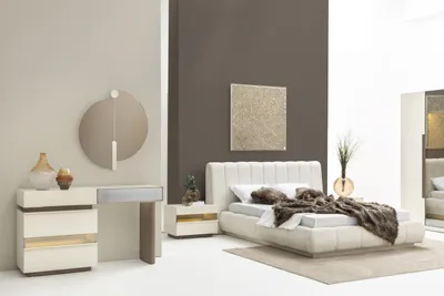 Immagine prodotto di Set camera da letto beige – letto, 2 comodini, toletta e specchio