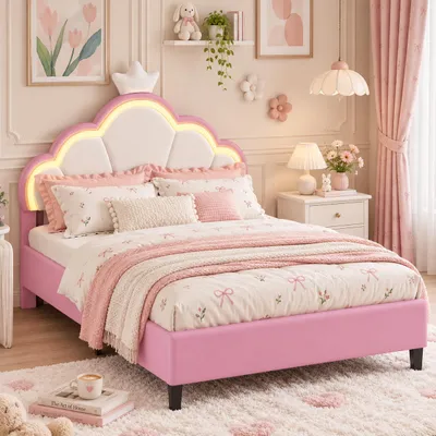 Produktbild von INONEFT Kinderbett 90 x 200 cm, Einzelbett mit Kronenförmigem Kopfteil und LED, Polsterbett mit Höhenverstellbarem Kopfteil, Jugendbett, Samt, Rosa