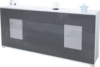 Produktbild von Vladon Sideboard Grömitz V2, Kommode mit 2 großen Türen und 4 Schubladen, Weiß matt/Grau Hochglanz (166,5 x 75,5 x 35)