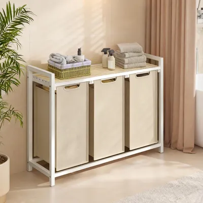 Produktbild von VASAGLE Wäschekorb 3 Fächer, Wäschesammler mit Ablage, Wäschebox, Wäschesack ausziehbar abnehmbar, 3 x 40 L, beige