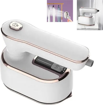 A white and rose gold handheld steam iron is shown against a white background. In the upper left corner, there is a smaller inset image showing the steam iron being used to steam clothes hanging on a rack. In the upper right corner, there is another smalle