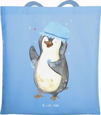 Produktbild von Mr. & Mrs. Panda Tote Bag Pinguin Duschen - Sky Blue - Geschenk, Baden, totebag, Jutetasche, Singen, Tasche, Baumwollbeutel, Jutebeutel, Pinguine, Duschkonzert