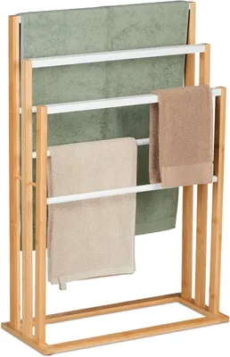 Immagine prodotto di Portasciugamani in bambù - 6 barre - 82x55x24 cm - Design moderno - Autoportante - Porta asciugamani per il bagno - Naturale - Bianco