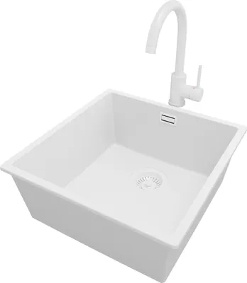 Produktbild von PRIMAGRAN Granitspüle Alles Weiß 46x47cm, Spülbecken 1 Becken + Küchenarmatur 32x20cm + Ablauf-Set, Küchenspüle ab 50er Unterschrank - London Slim