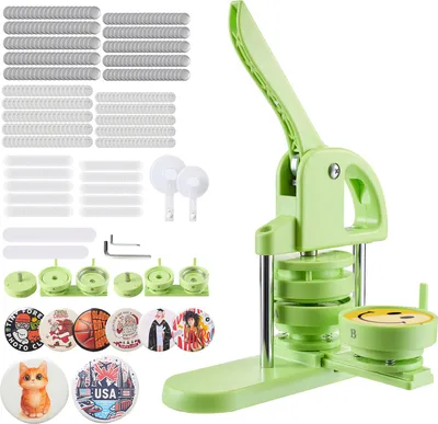 A button making machine and its accessories are displayed against a white background.