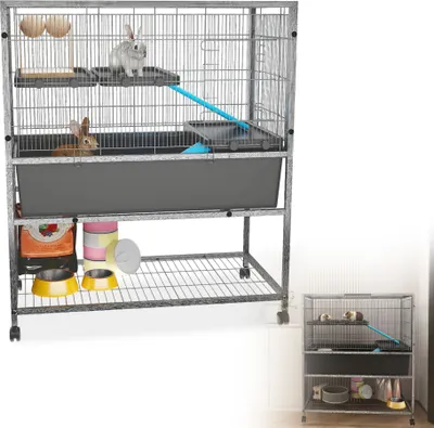 Produktbild von XMTECH Kleintierkäfig, Metallkäfig für kleine Haustiere, 88x48x102 cm, Schwarz, 4 Rollen mit 2 Bremsen, Käfig mit abnehmbaren Rampen & Plattformen, Ideal für Meerschweinchen, Hamster