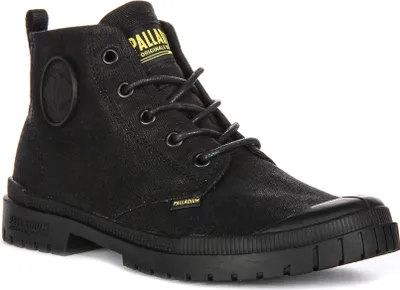 A studio shot of a black Palladium boot.