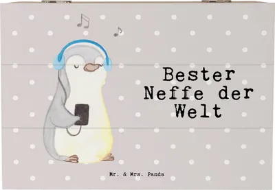Produktbild von Mr. & Mrs. Panda Box aus Holz Pinguin Bester Neffe der Welt 22 x 15 cm - Grau Pastell - Geschenk, Erinnerungsbox, fotobox, Taufe, Patentante, Onkel, Sohn Des Bruders