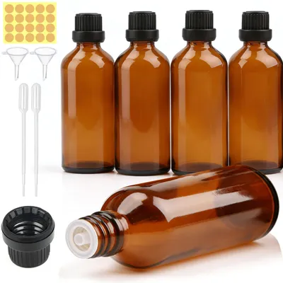 Imagen del producto de Botellas de vidrio de 100 ml, color ámbar, paquete de 5 unidades, con embudo, para aceites y tinturas