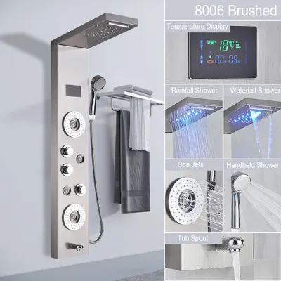 Obrázok produktu pre Linuode LED svetelný sprchový panel vodopád dažďová sprchová batéria sada SPA masážny prúd vaňa sprchový stĺpec sprchová batéria veža, brúsený nikel 8006
