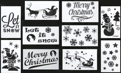 Produktbild von Weihnachtsschablonen, 10 verschiedene Weihnachtsmotive zum Aufsprühen oder Ausmalen auf Papier und abwaschbaren Flächen wie Fenster, Glastüren etc.