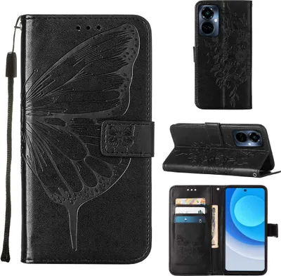 Produktbild von Tecno Camon 19 Pro 5G Hülle, Schmetterling Prägung Flip Leder Kartenfächer Schutzhülle Ledertasche mit Ständer für Tecno Camon 19 Pro 5G Schwarz