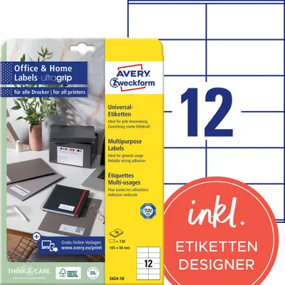 Produktbild von Avery Zweckform 3424-10 Etiketten, Home Office, Kleinpackung, A4 mit ultragrip,  Adressaufkleber 105 x 48 mm, weiß