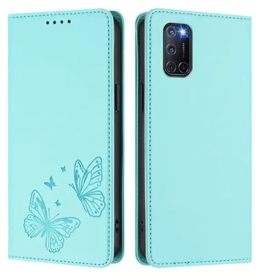 Image de Étui en cuir pour Oppo A52 / A92 / A72 4G, motif papillon en relief, étui portefeuille à rabat avec support, vert menthe