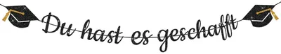 Productafbeelding van Guirlande "Gefeliciteerd, je hebt het bereikt!" Glitter zwart, 3 meter. Papieren doctoraatshoed, decoratie voor een afstudeerfeest