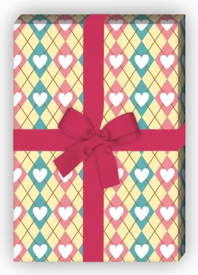 Produktbild von Rauten Geschenkpapier mit Herzen auf gelb - G7664, 32 x 48cm