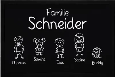 Produktbild von Fußmatte Familie Nachname Vornamen 1, 2, 3 & mehr Kinder Hund Katze Strichmännchen personalisiert SpecialMe® schwarz 60x40cm