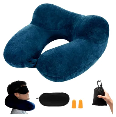 Produktbild von Aufblasbares Reisekissen, Nackenkissen Aufblasbar, Aufblasbares Nackenkissen Flugzeug Aufblasbar mit Schlafmaske und Ohrstöpseln, Nackenhörnchen für Camping, Reisen, Flugzeug, Zug, Auto, Büro