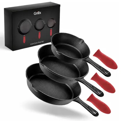 Produktbild von Grillx Gusseisen Pfannenset – 3-teilig – Inkl. Silikon-Griffen – Bratpfanne – Induktion & BBQ