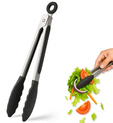 Productafbeelding van Keukenpincet - RVS met siliconen coating - Geschikt voor grillen en koken - Zwart - 21,4 cm