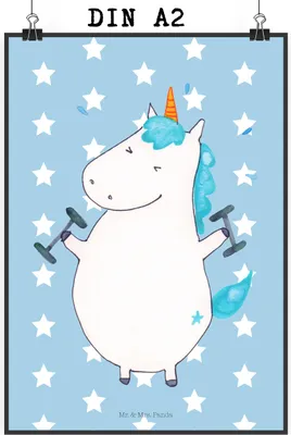 Produktbild von Mr. & Mrs. Panda Bild Einhorn Fitness DIN A2 - Blau Pastell - Geschenk, wanddeko, Abnehmen, Unicorn, Wandbild, Fitnessstudio, Sport, Pumpen, drucke, Gym, Plakat