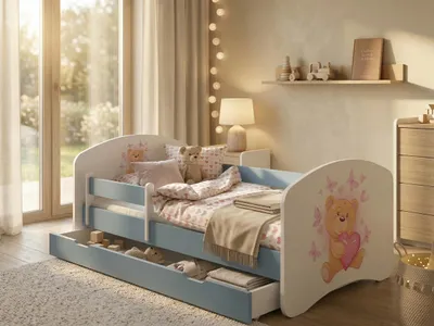 Immagine prodotto di Set completo per lettino 140x70 cm | Lettino con cassetto, materasso e sponda di sicurezza | Lettino blu e bianco per bambine e bambini