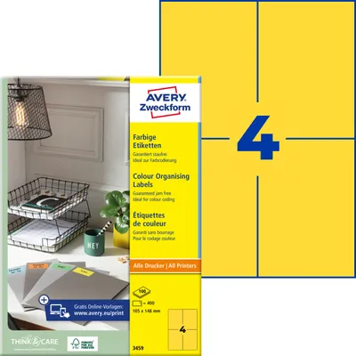 Produktbild von Avery Zweckform 3459, Farbige Etiketten, A4, 105 x 148 mm, 400 Etiketten / 100 Bögen, gelb
