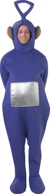 A person wearing a purple Teletubbies Tinky Winky costume.