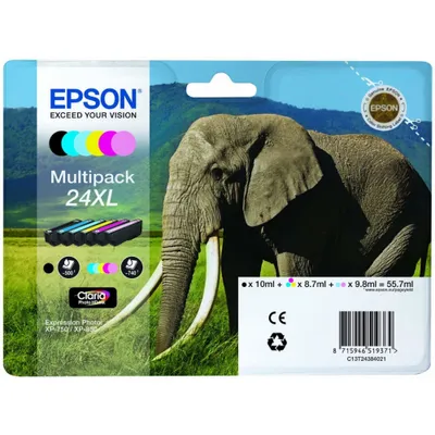 Produktbild von Epson Elephant Multipack 6-colours 24XL Claria Photo HD Ink, Schwarz, Cyan, Helle Cyan, Helle Magenta, Magenta, Gelb, 1 Stück(e), Multipack