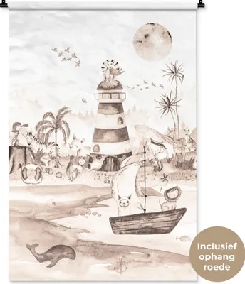 Produktbild von MuchoWow® Wandteppich Wandbehang Strand - Kinder - Leuchtturm - Alpaka - Meer - Tiere 90x135 cm Tapisserie Dekoration Wandtuch - Baumwolle - Wandskulptur