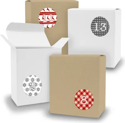 Produktbild von Adventskalender zum Füllen 24x Quader gemischt WEISS BRAUN + Sticker V09 Z07
