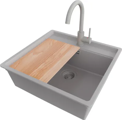 Produktbild von PRIMAGRAN Granitspüle Grau 56x53cm, Spülbecken 1 Becken + Küchenarmatur 32x20cm + Ablauf-Set + Schneidebrett, Küchenspüle ab 60er Unterschrank - Bergen