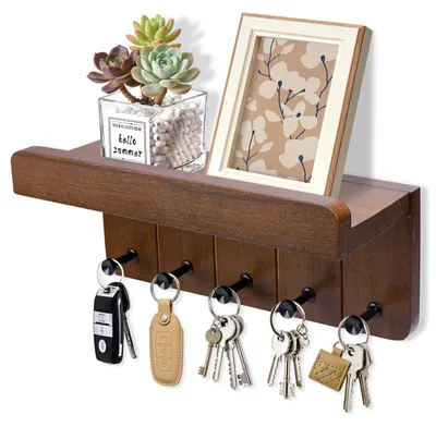 Productafbeelding van Sleutelbord met opbergruimte en 5 sleutelhaken, decoratieve wandplank voor de hal, gang, keuken of slaapkamer (donkerbruin)