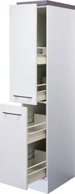 A tall, narrow white cabinet with two doors open, revealing pull-out shelves inside. The cabinet has a dark gray top.