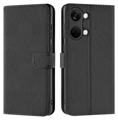 A black flip case for a smartphone is shown from two angles.