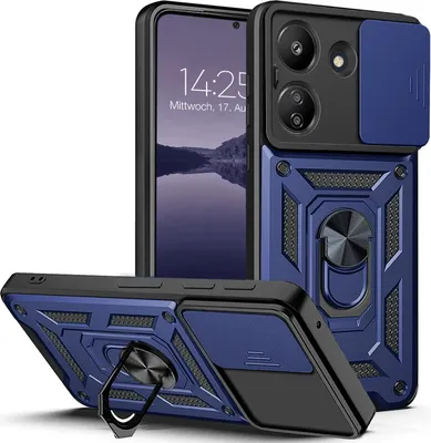 A blue and black armor phone case with a ring stand and camera cover, shown from multiple angles.