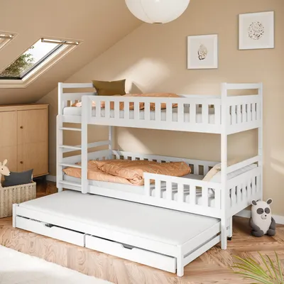 Produktbild von Kids Collective Etagenbett Hochbett Stockbett Kinderbett 90x200 cm mit Ausziehbett und Schubladen Umbaubar zu 3 Einzelbetten mit Lattenrosten & Rausfallschutz weiß